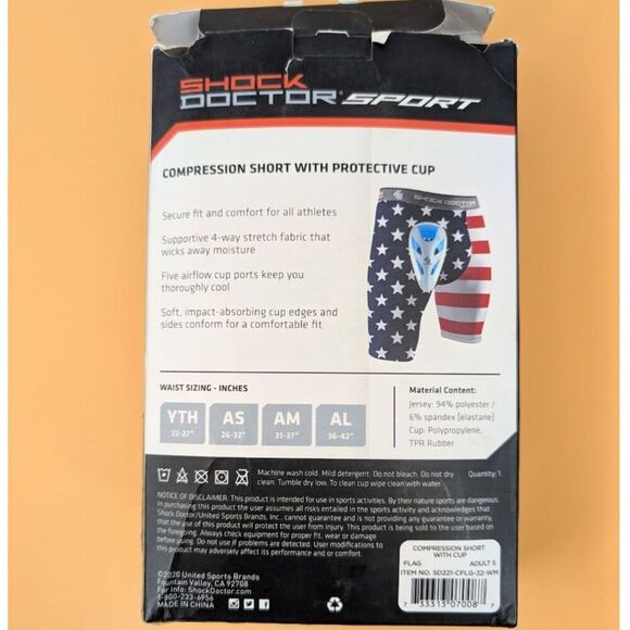 Shock Doctor Sport Compression Short with Cup Adults Small American Flag USA - Picture 3 of 14